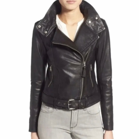 Mackage Leather Biker Jacket Adjustable Buckle Waist Zip Pockets Black S/P - Picture 5 of 5